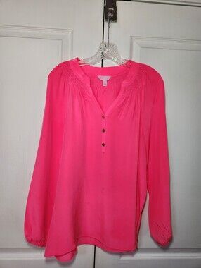 Lilly Pulitzer Womens Bright Pink 100% Silk Long-Sleeve Henley Blouse Size M